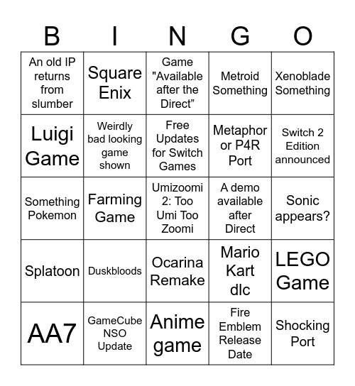Nintendo Direct 6.09.2026 Bingo Card