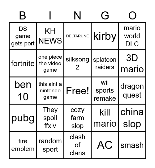 Nintendo Direct Bingo Card