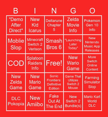 Nintendo Direct 6.9.2026 Bingo Card