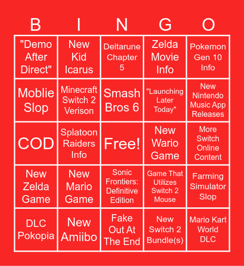 Nintendo Direct 6.9.2026 Bingo Card