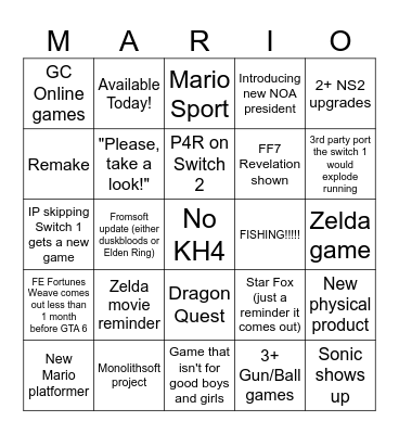 June 2026 Nintendo Direct Bingo Card