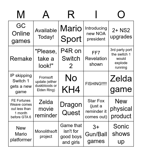 June 2026 Nintendo Direct Bingo Card