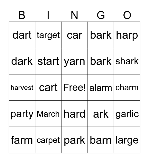 Words with /ar/ for A1 Bingo Card