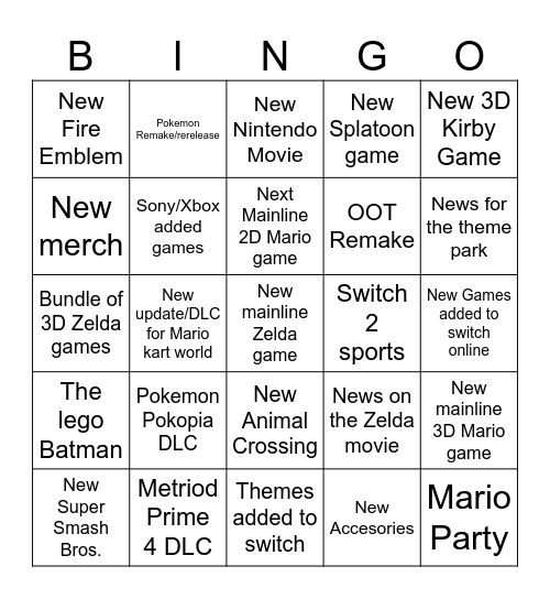 Nintendo Direct/ Treehouse Predictions Bingo Card