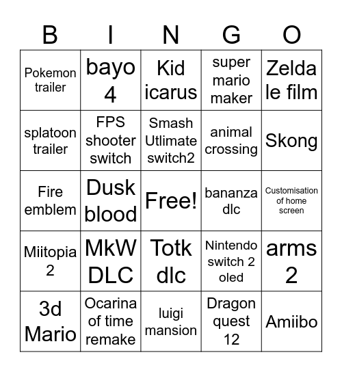 Nintendo direct june 26 Bingo Card