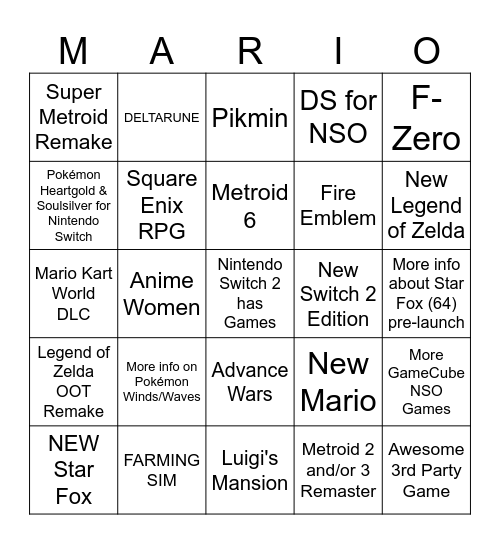 Nintendo Direct 6/9/2026 Bingo Card