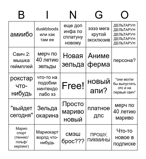 нинтендо директ бинго Bingo Card