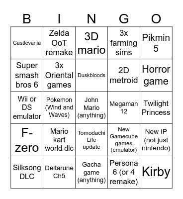 Nintendo Direct bingle goard Bingo Card
