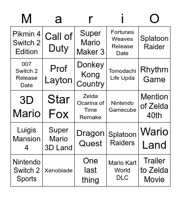 Nintendo Direct Bingo Card