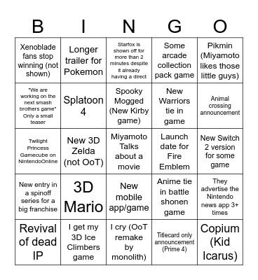 Nintendo E3 Direct Bingo Card