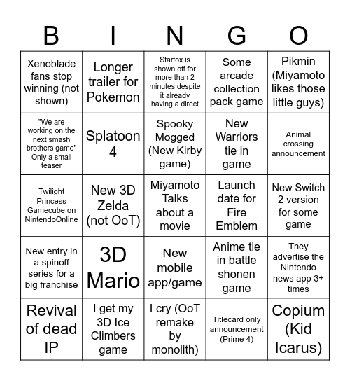Nintendo E3 Direct Bingo Card