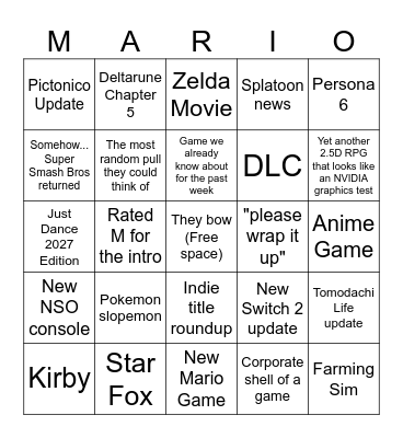 Nintendo Direct Bingo Card
