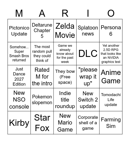 Nintendo Direct Bingo Card