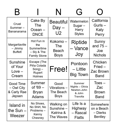 Summer Vibes Bingo Card