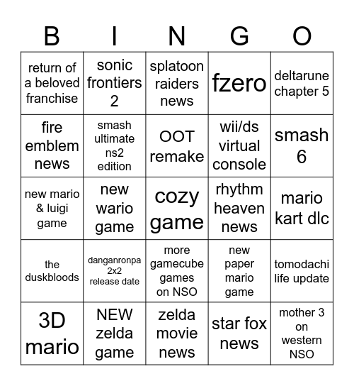 nintendo direct 6.9.2026 Bingo Card
