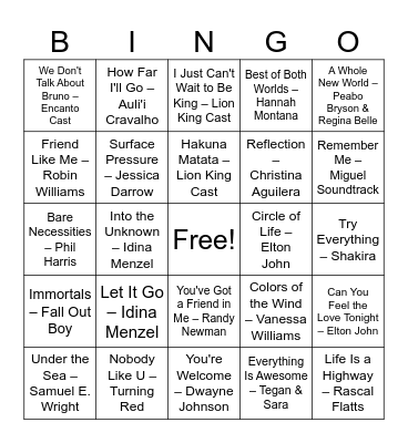 Disney & Family Favorites Bingo Card