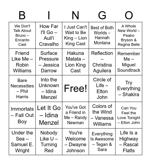 Disney & Family Favorites Bingo Card