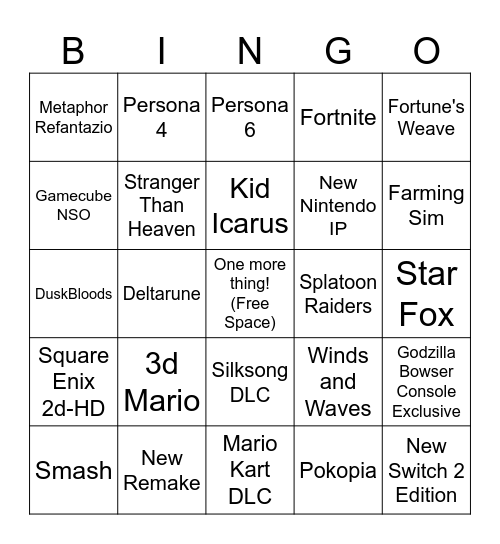 Nintendo Direct Bingo Card