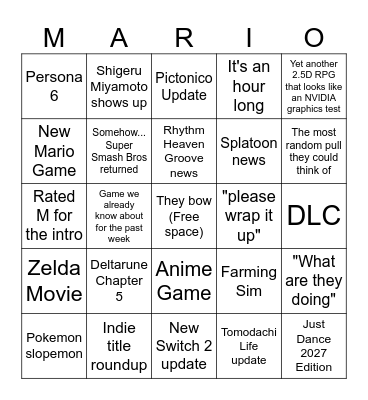 Nintendo Direct Bingo Card