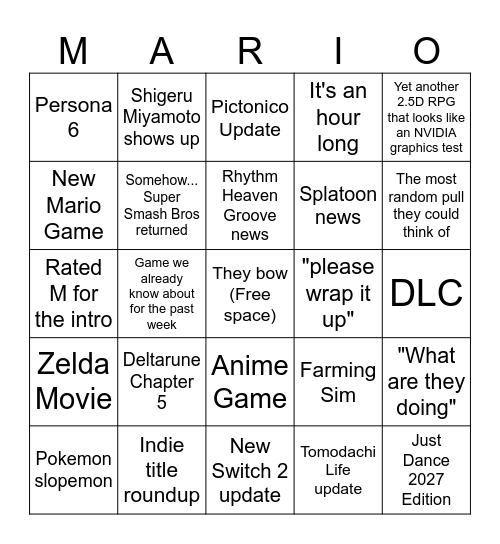 Nintendo Direct Bingo Card