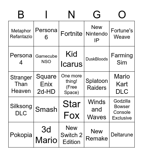 Nintendo Direct Bingo Card