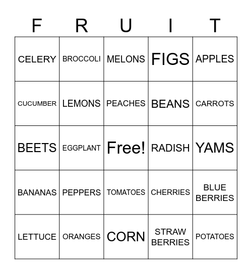 FRUITS & VEGETABLES Bingo Card