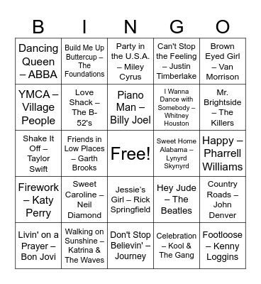 Sing-Alongs Bingo Card