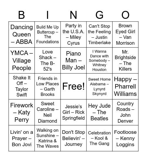 Sing-Alongs Bingo Card
