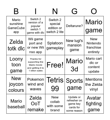 Switch direct Bingo Card