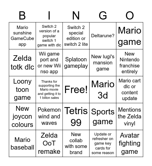 Switch direct Bingo Card