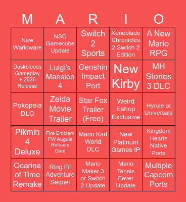 Nintendo Direct Bingo Card