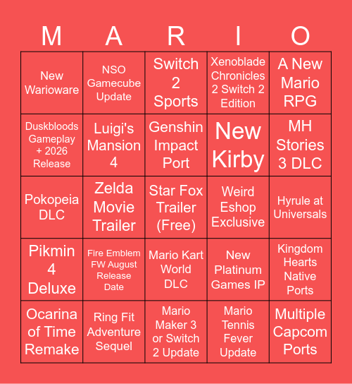 Nintendo Direct Bingo Card