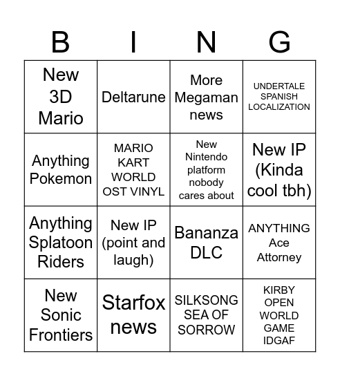 Nintendo Direct Bingo Card