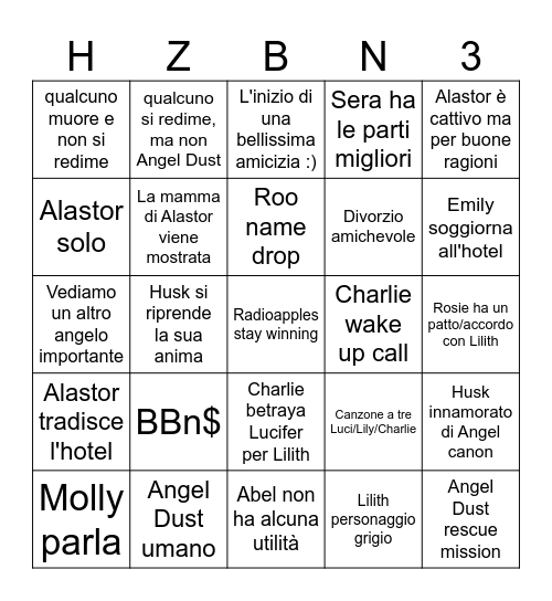 Hazbin Season 3 Bingo Card