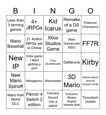 Nintendo Direct 6/9/2026 Bingo Card