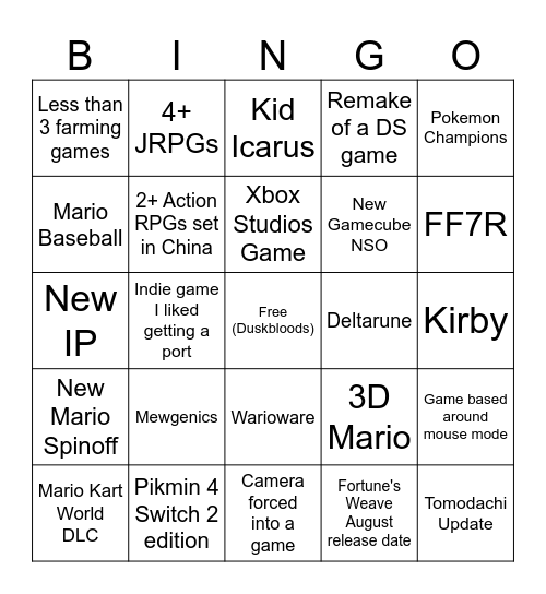 Nintendo Direct 6/9/2026 Bingo Card