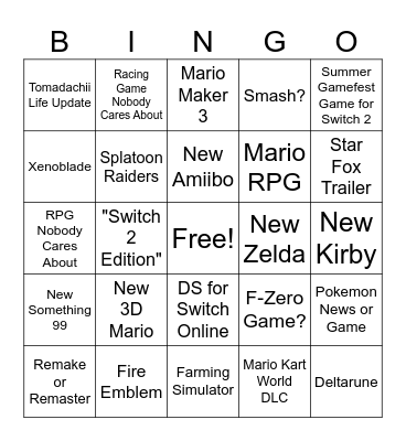 Nintendo Direct 6/9/26 Bingo Card