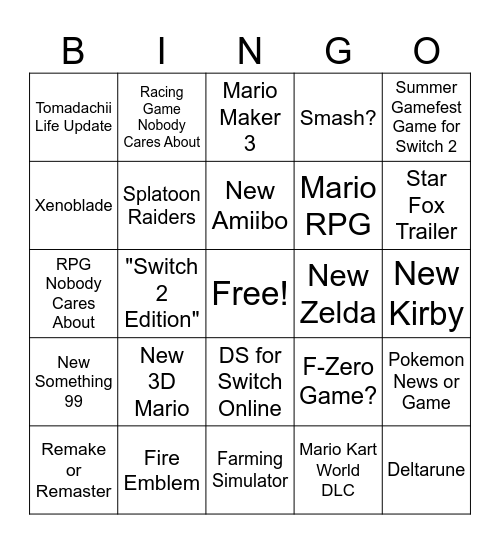 Nintendo Direct 6/9/26 Bingo Card