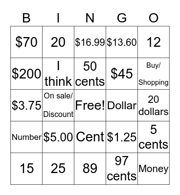 Numbers/Money Bingo Card