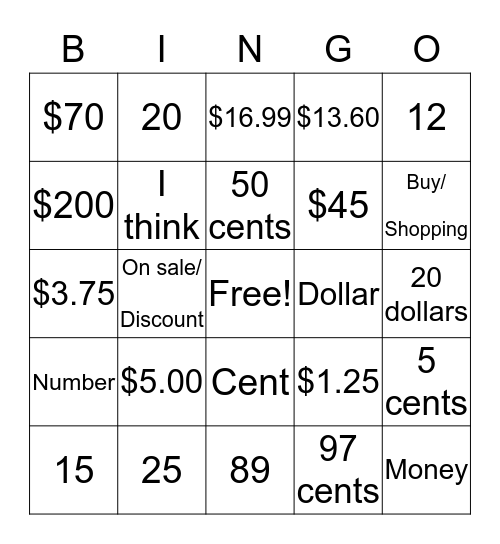 Numbers/Money Bingo Card