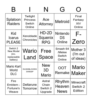 Nintendo Direct June '26 Bingo Card