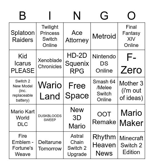 Nintendo Direct June '26 Bingo Card