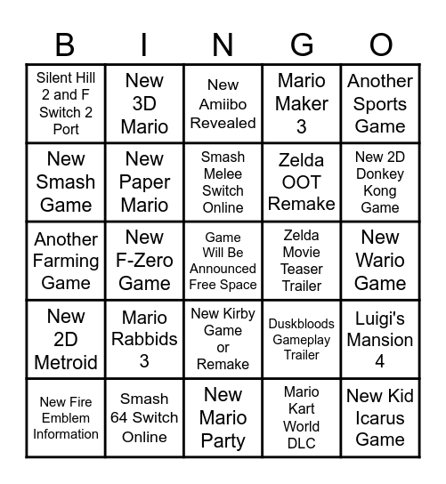 Nintendo Direct June 2026 Bingo Card