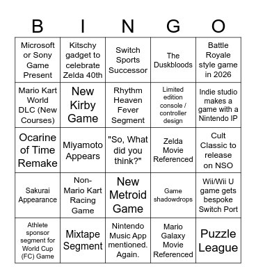 Nintendo Direct Predictions - June 9, 2026 Bingo Card