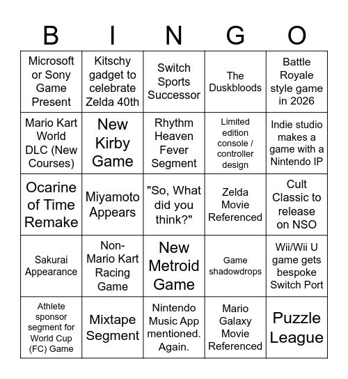 Nintendo Direct Predictions - June 9, 2026 Bingo Card