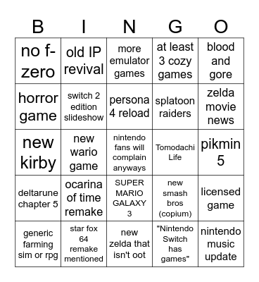 nintendo direct Bingo Card