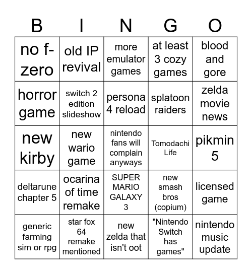 nintendo direct Bingo Card