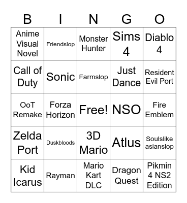 Nintendo Direct Prediction Bingo Card