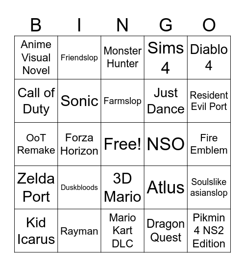 Nintendo Direct Prediction Bingo Card