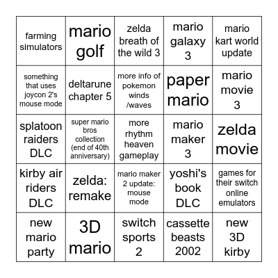 nintendo direct Bingo Card
